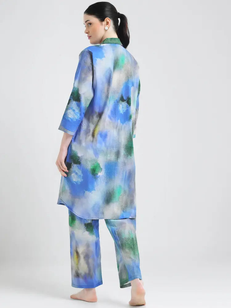 Pastel Blue Tie-Dye Cotton Cambric Co-ords Kurti Set - Kurta Set