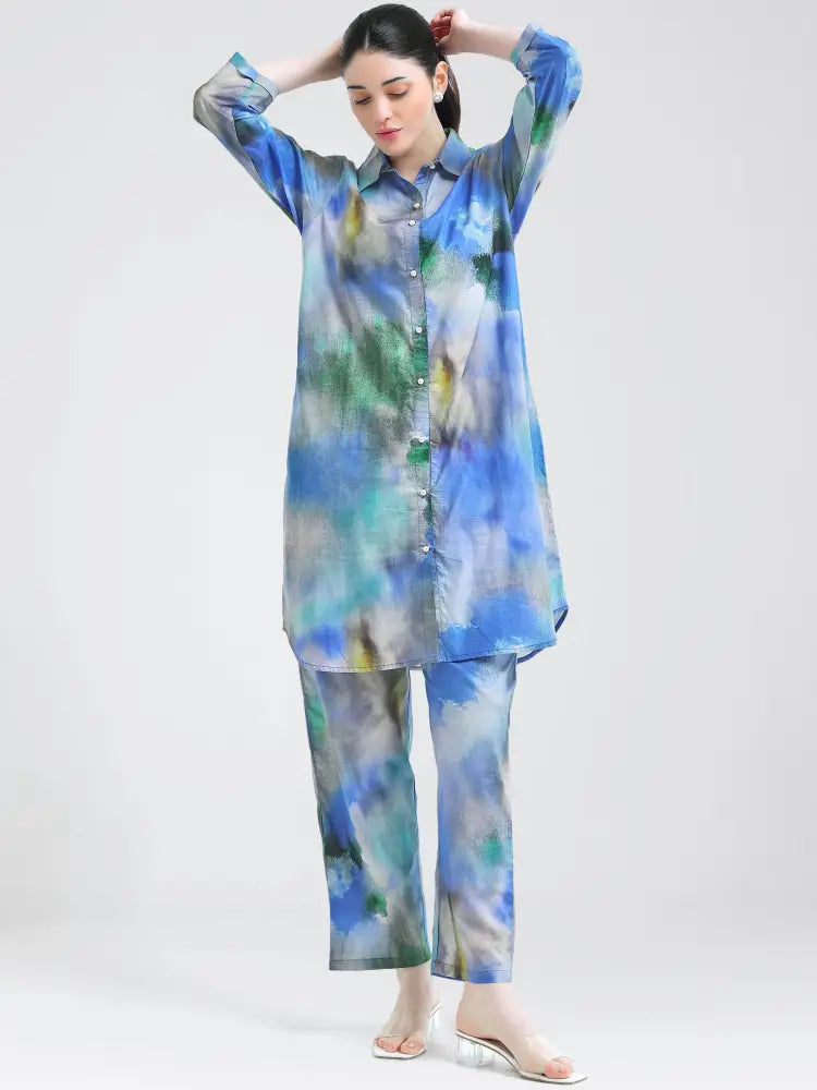 Pastel Blue Tie-Dye Cotton Cambric Co-ords Kurti Set - Kurta Set