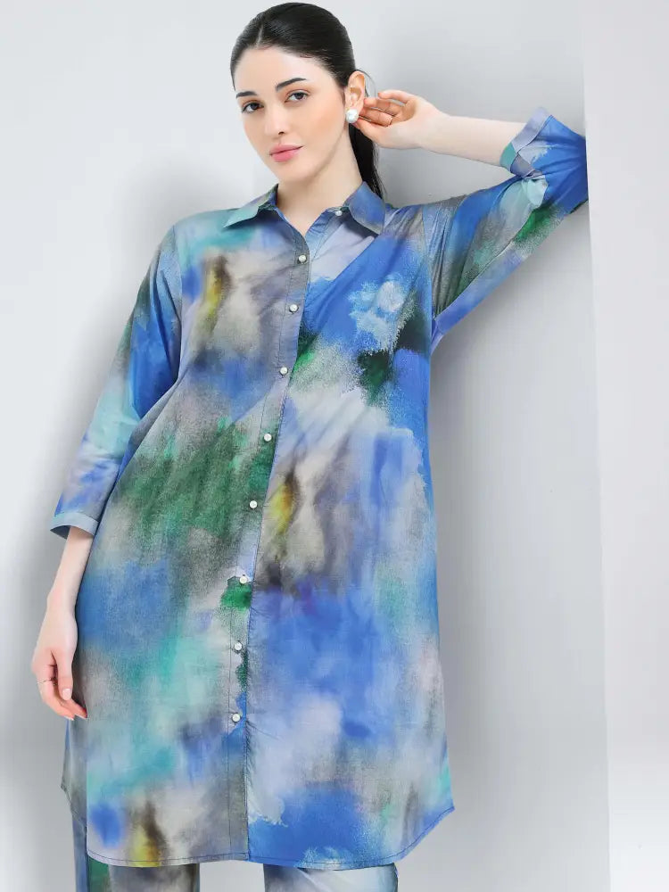 Pastel Blue Tie-Dye Cotton Cambric Co-ords Kurti Set - Kurta Set