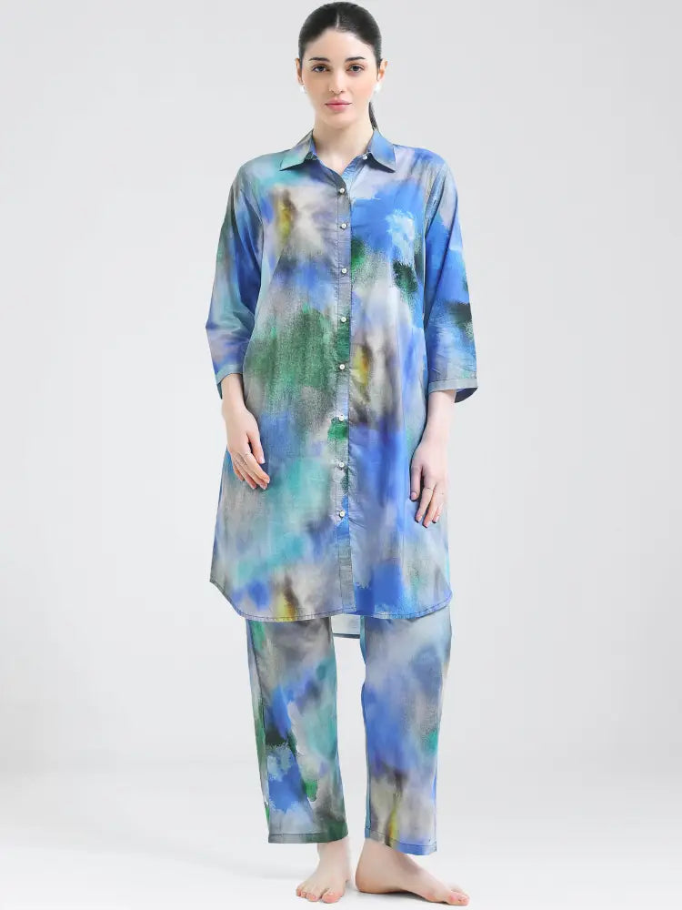 Pastel Blue Tie-Dye Cotton Cambric Co-ords Kurti Set - Kurta Set