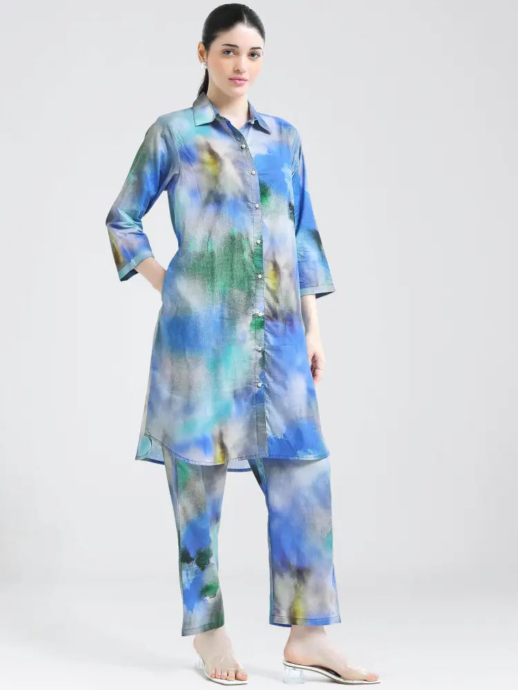 Pastel Blue Tie-Dye Cotton Cambric Co-ords Kurti Set - Kurta Set