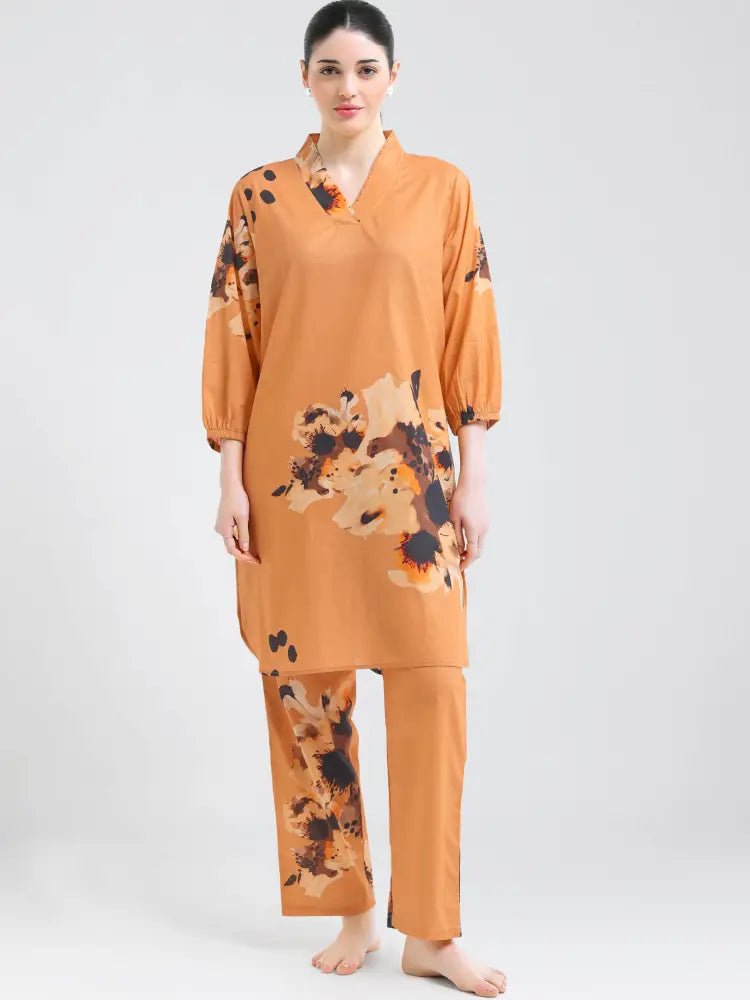Peach Floral Printed Cotton Cambric Kurti Set - Kurta Set