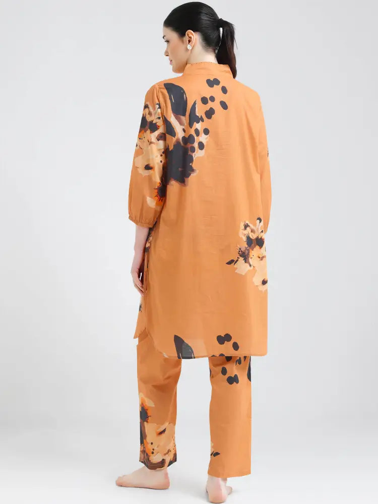 Peach Floral Printed Cotton Cambric Kurti Set - Kurta Set