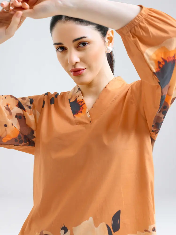 Peach Floral Printed Cotton Cambric Kurti Set - Kurta Set