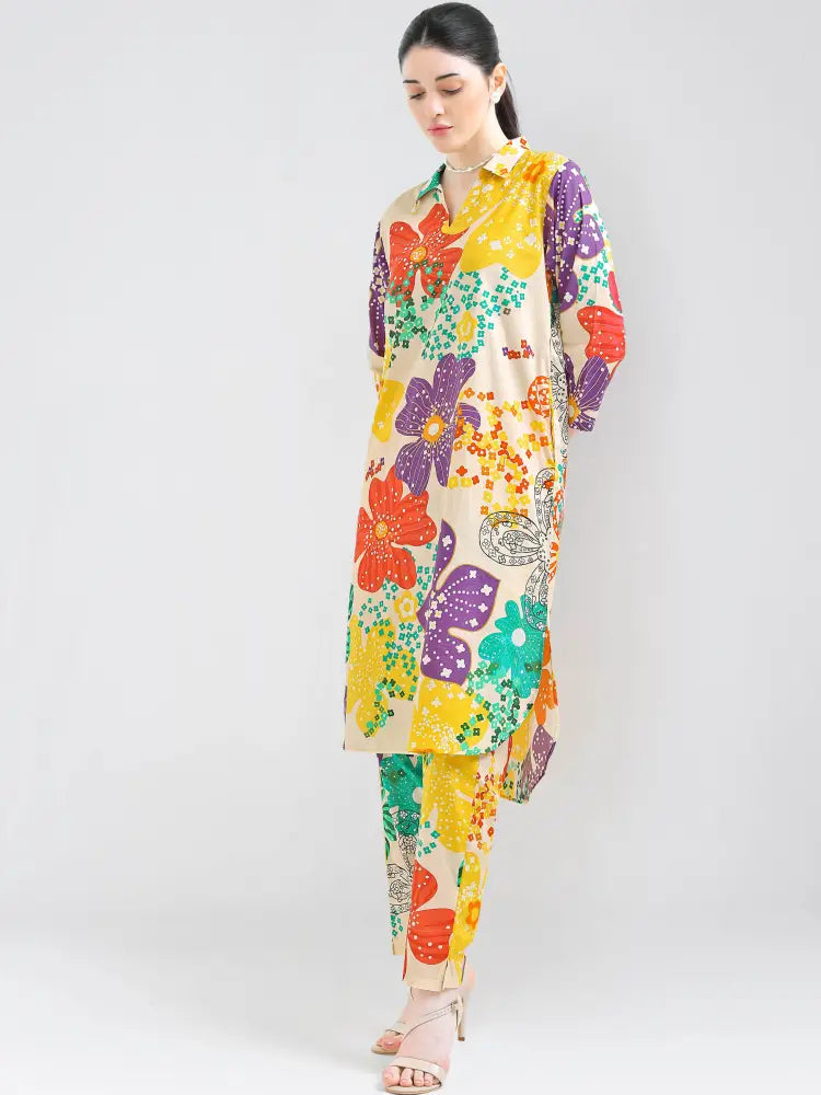Women’s Beige Floral Print Cotton Cambric Co-ord Kurti Set - Kurta Set