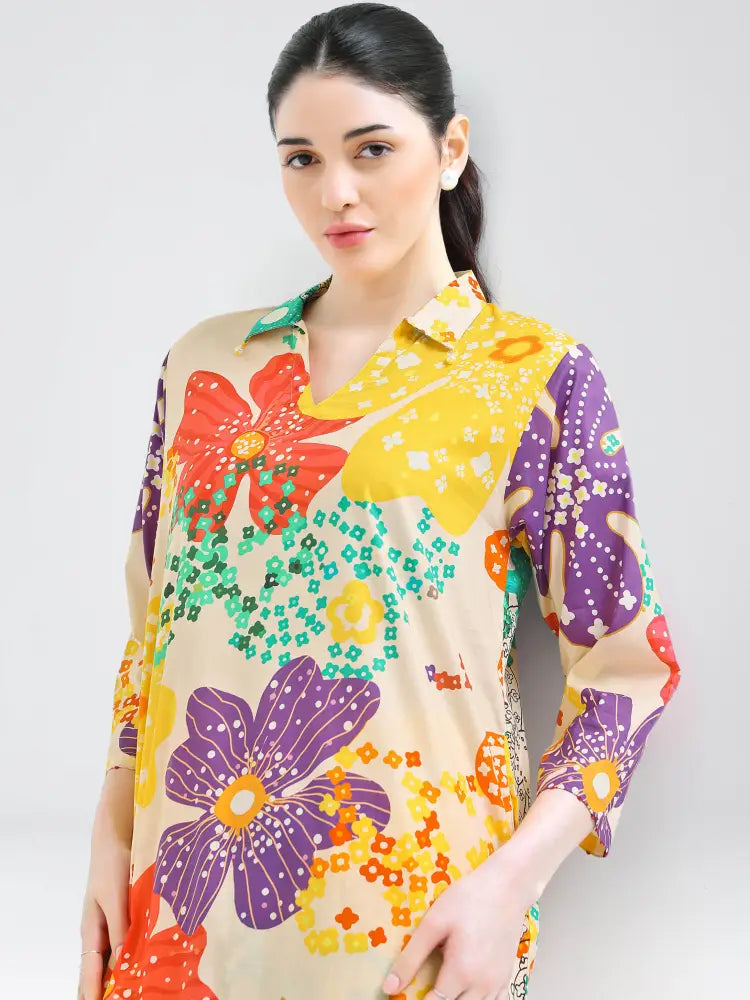 Women’s Beige Floral Print Cotton Cambric Co-ord Kurti Set - Kurta Set