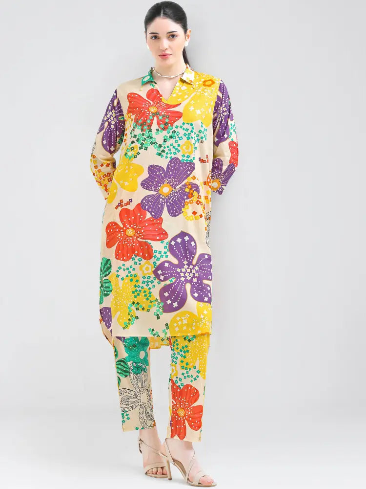 Women’s Beige Floral Print Cotton Cambric Co-ord Kurti Set - Kurta Set