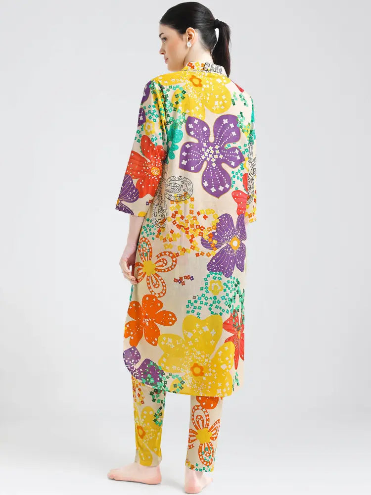 Women’s Beige Floral Print Cotton Cambric Co-ord Kurti Set - Kurta Set