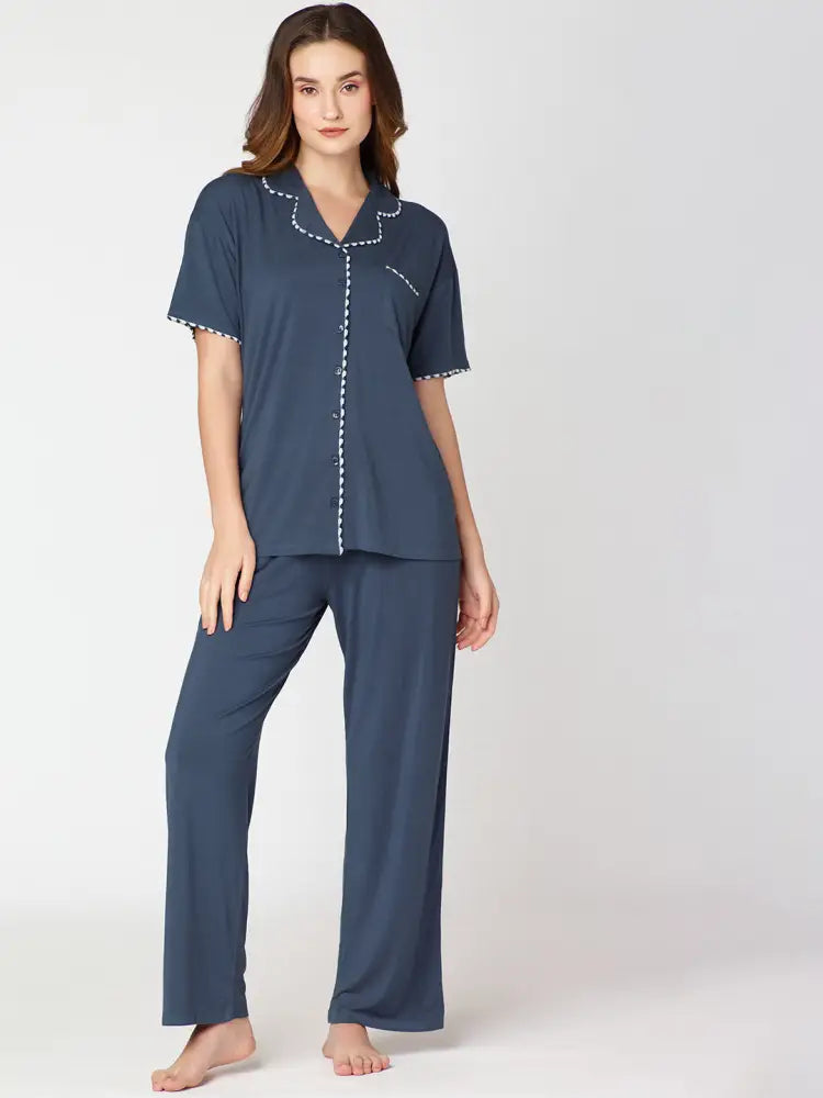Womens Modal Night Suit Blue Solid Plain Shirt & Pajama - Collar Pajama