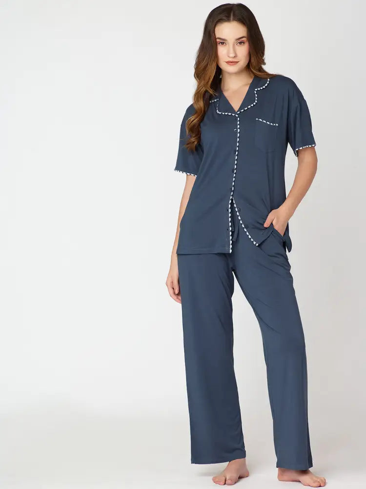 Womens Modal Night Suit Blue Solid Plain Shirt & Pajama - Collar Pajama