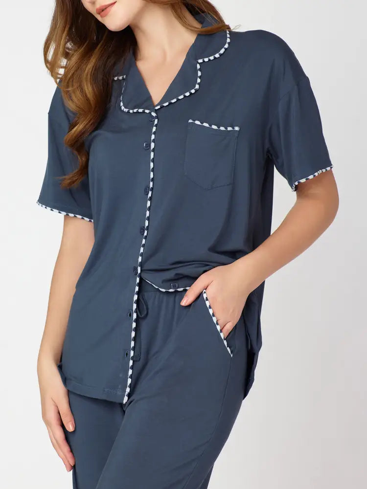 Womens Modal Night Suit Blue Solid Plain Shirt & Pajama - Collar Pajama