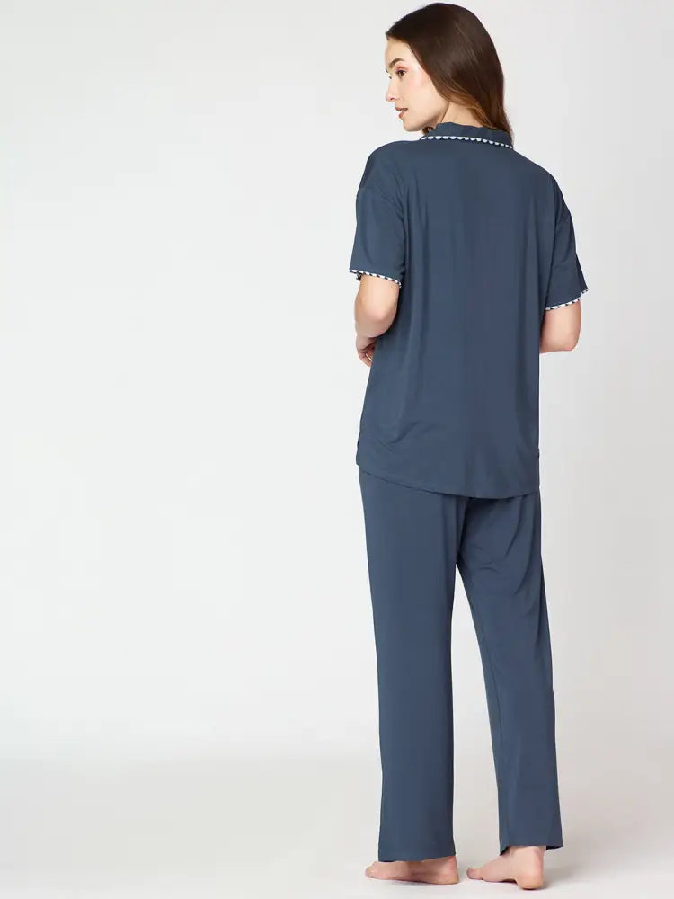 Womens Modal Night Suit Blue Solid Plain Shirt & Pajama - Collar Pajama