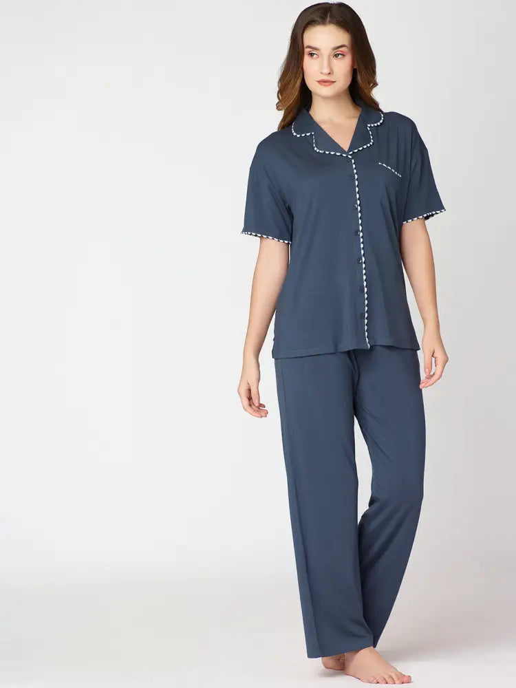 Womens Modal Night Suit Blue Solid Plain Shirt & Pajama - Collar Pajama
