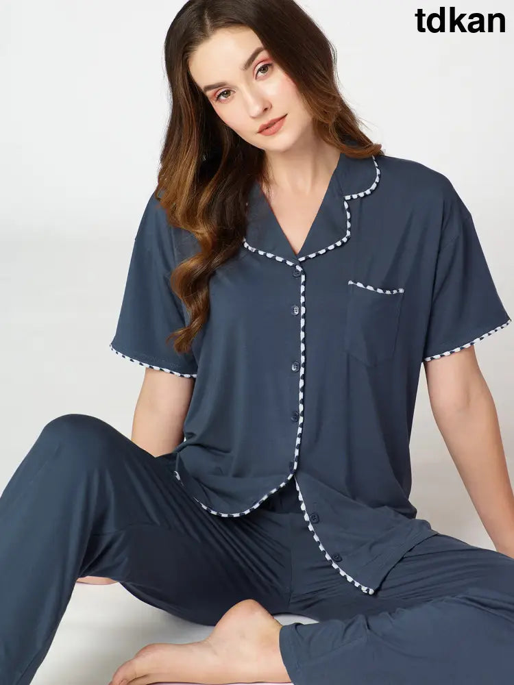Womens Modal Night Suit Blue Solid Plain Shirt & Pajama - Collar Pajama