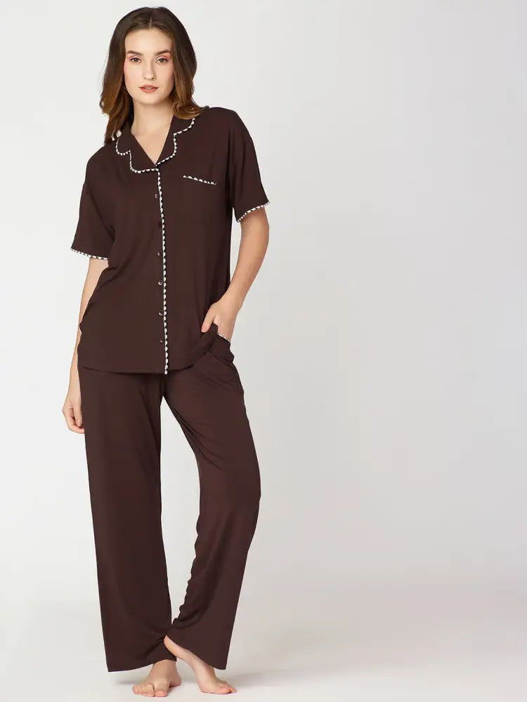 Womens Modal Night Suit Brown Solid Plain Shirt & Pajama - Collar Pajama