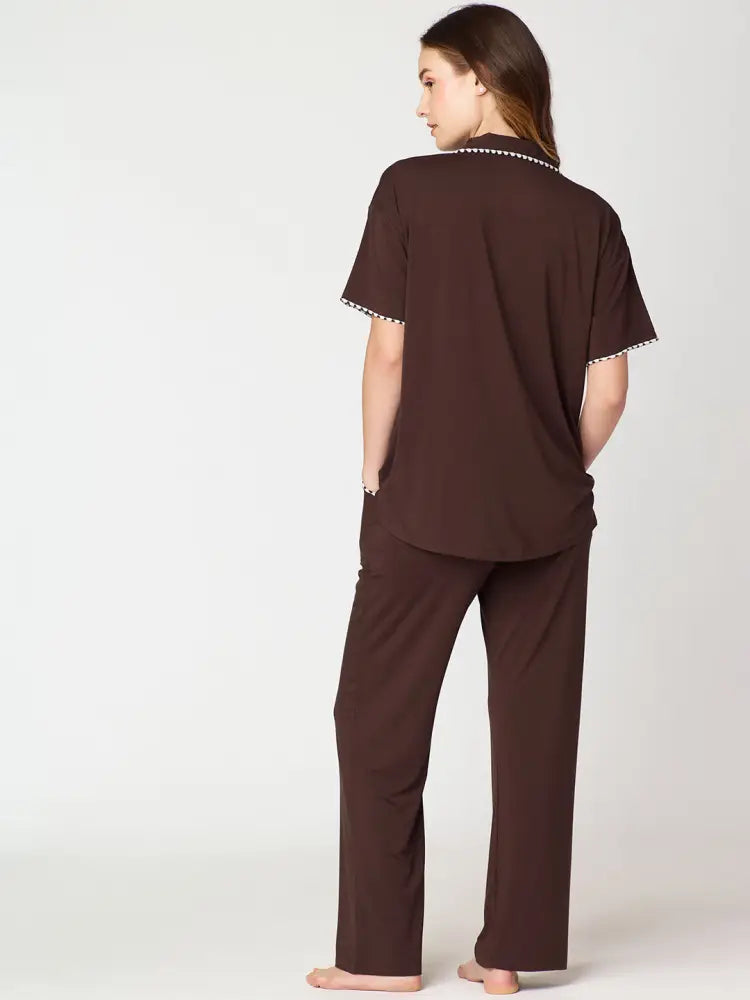 Womens Modal Night Suit Brown Solid Plain Shirt & Pajama - Collar Pajama