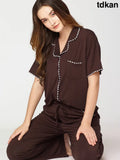 Womens Modal Night Suit Brown Solid Plain Shirt & Pajama - Collar Pajama