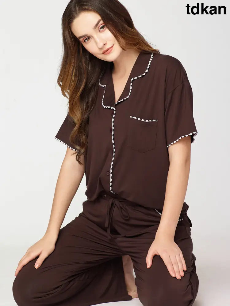 Womens Modal Night Suit Brown Solid Plain Shirt & Pajama - Collar Pajama
