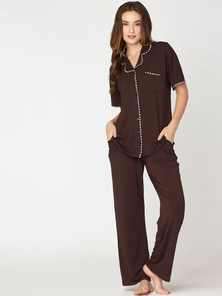 Womens Modal Night Suit Brown Solid Plain Shirt & Pajama - Collar Pajama