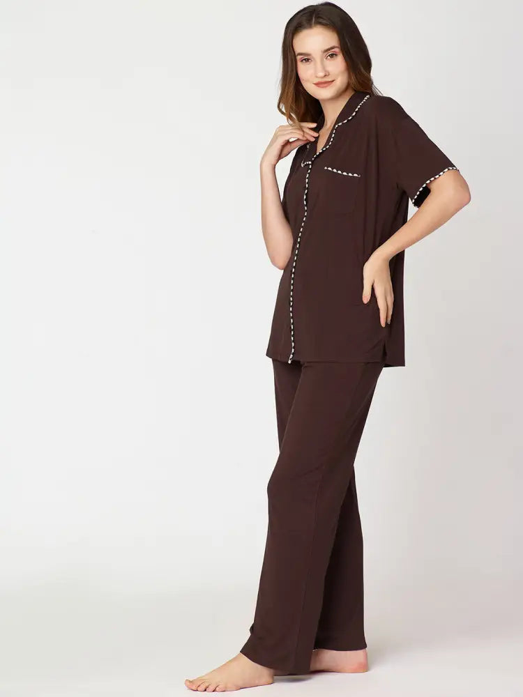 Womens Modal Night Suit Brown Solid Plain Shirt & Pajama - Collar Pajama