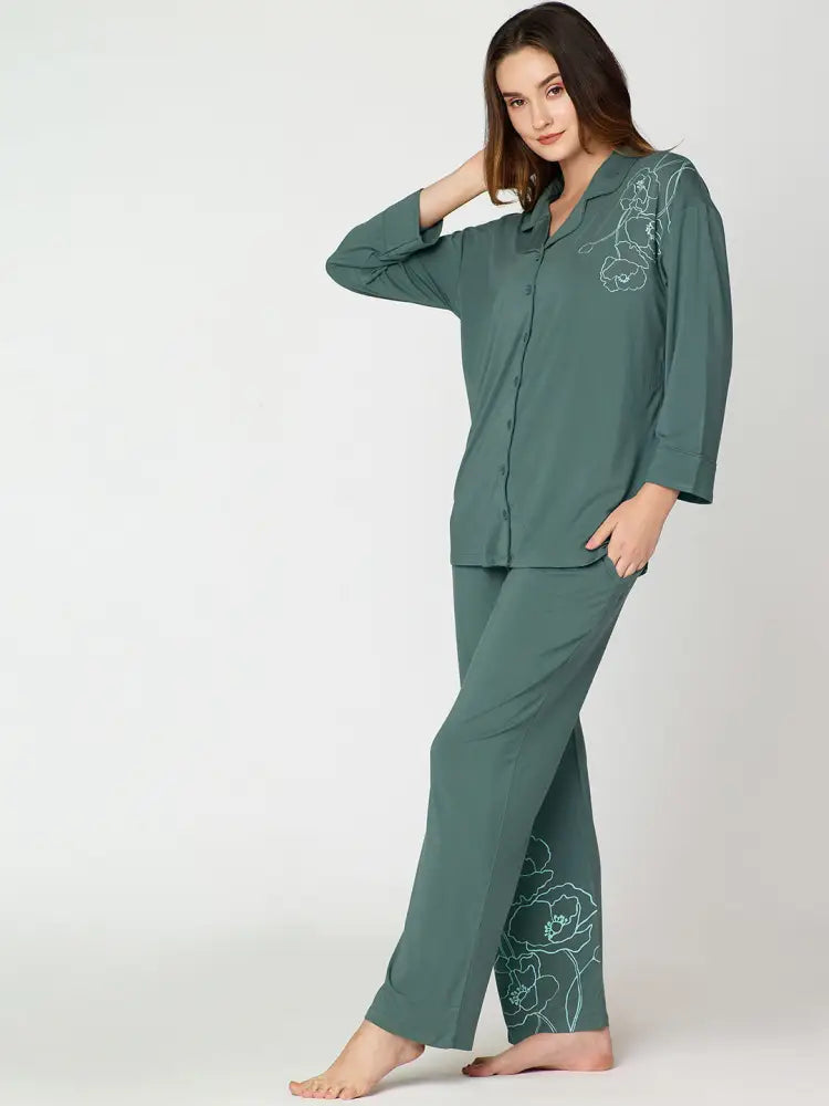 Womens Modal Night Suit Green Floral Printed Shirt & Pajama - Collar Pajama