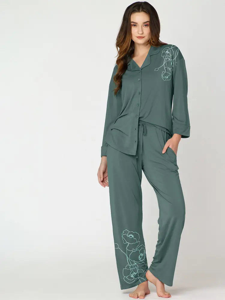 Womens Modal Night Suit Green Floral Printed Shirt & Pajama - Collar Pajama
