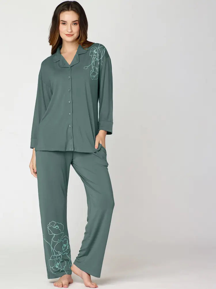 Womens Modal Night Suit Green Floral Printed Shirt & Pajama - Collar Pajama