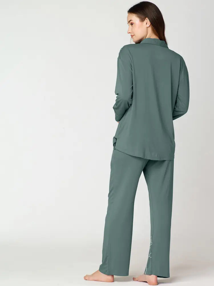 Womens Modal Night Suit Green Floral Printed Shirt & Pajama - Collar Pajama