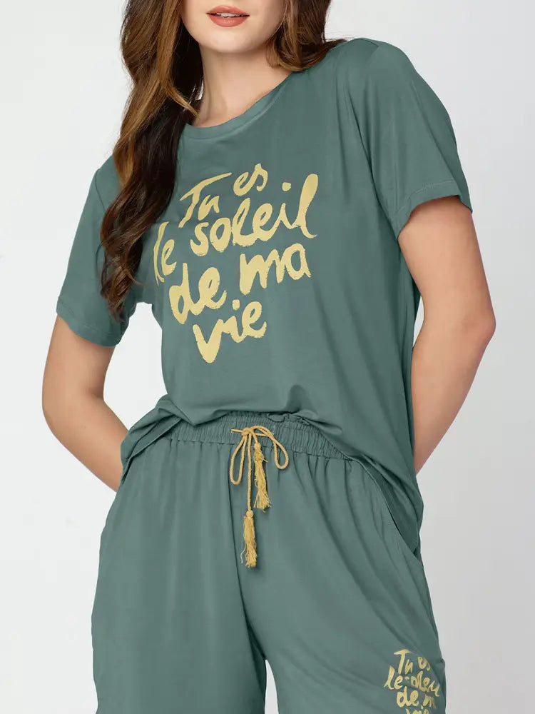 Womens Modal Night Suit Green Printed Top & Short - Short Set