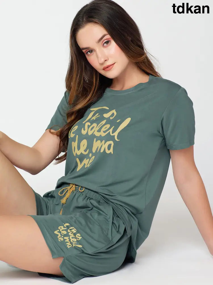 Womens Modal Night Suit Green Printed Top & Short - Short Set