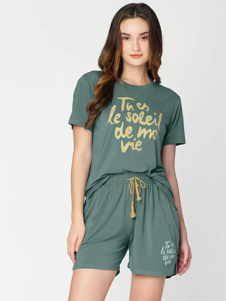 Womens Modal Night Suit Green Printed Top & Short - Short Set