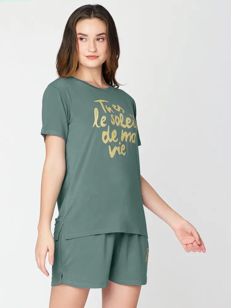 Womens Modal Night Suit Green Printed Top & Short - Short Set