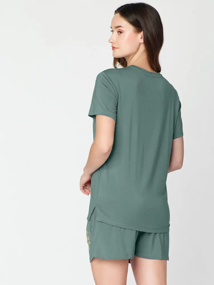 Womens Modal Night Suit Green Printed Top & Short - Short Set