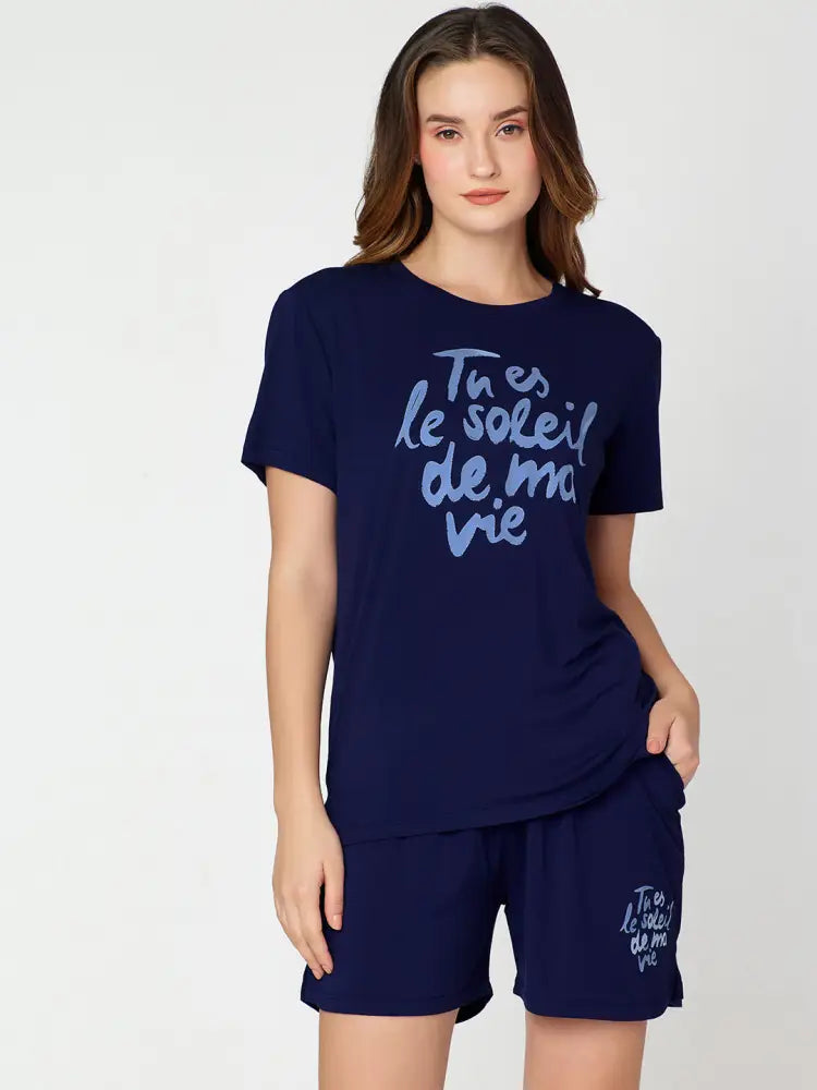 Womens Modal Night Suit Navy Blue Printed Top & Short - Short Set