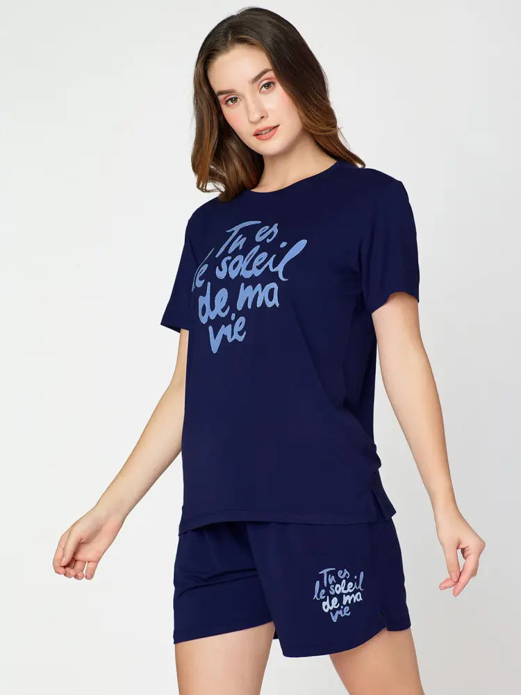 Womens Modal Night Suit Navy Blue Printed Top & Short - Short Set