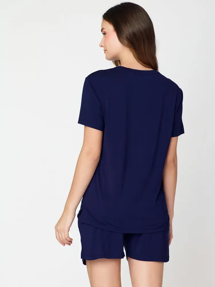 Womens Modal Night Suit Navy Blue Printed Top & Short - Short Set