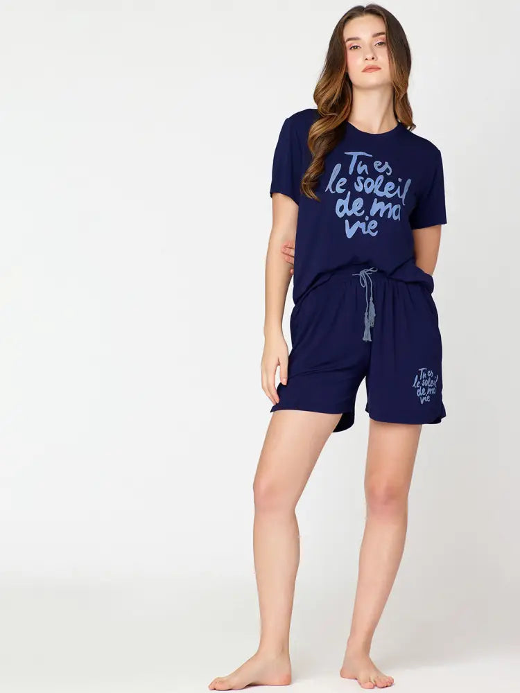 Womens Modal Night Suit Navy Blue Printed Top & Short - Short Set