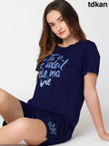 Womens Modal Night Suit Navy Blue Printed Top & Short - Short Set