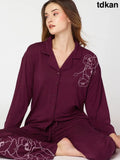 Womens Modal Night Suit Wine Floral Printed Shirt & Pajama - Collar Pajama