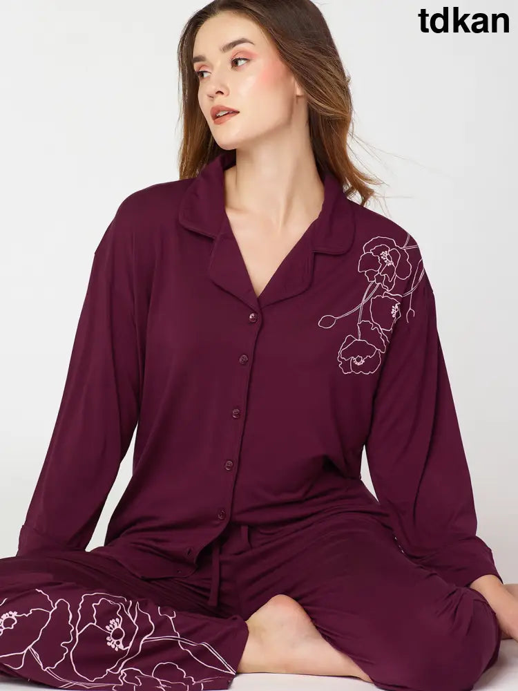 Womens Modal Night Suit Wine Floral Printed Shirt & Pajama - Collar Pajama