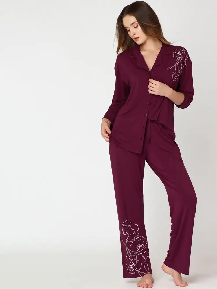 Womens Modal Night Suit Wine Floral Printed Shirt & Pajama - Collar Pajama