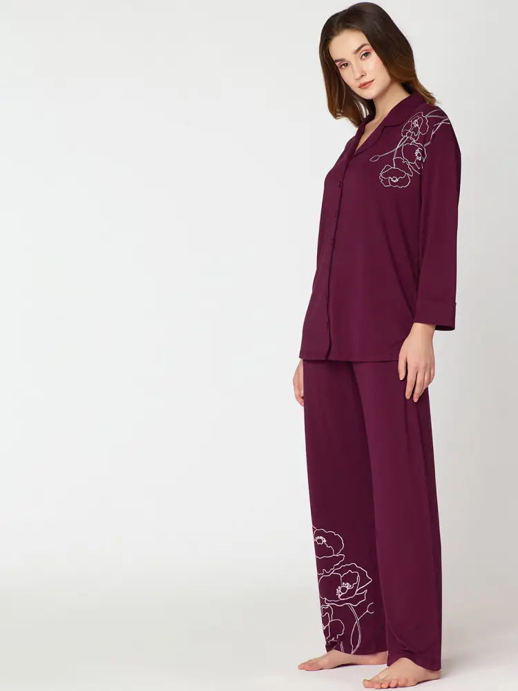 Womens Modal Night Suit Wine Floral Printed Shirt & Pajama - Collar Pajama