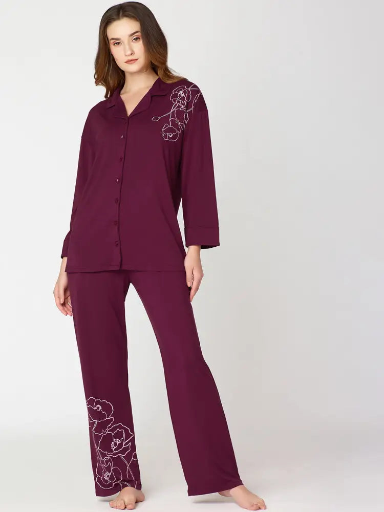 Womens Modal Night Suit Wine Floral Printed Shirt & Pajama - Collar Pajama