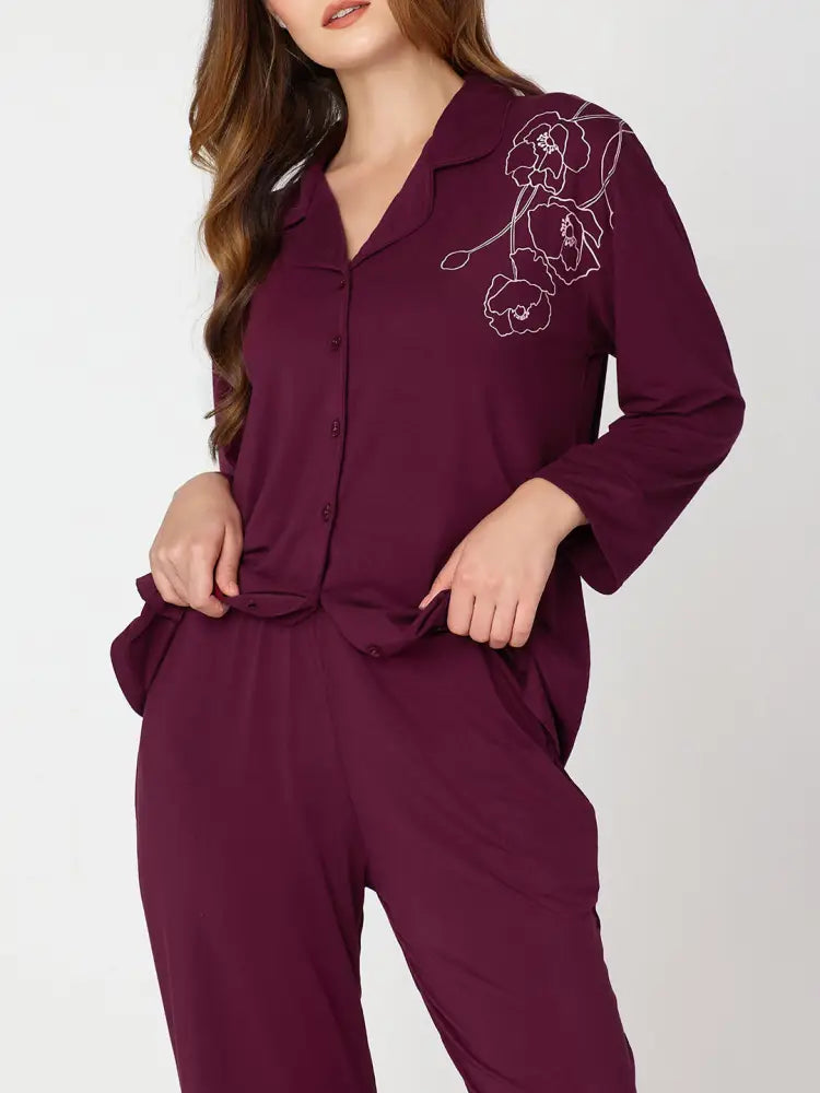 Womens Modal Night Suit Wine Floral Printed Shirt & Pajama - Collar Pajama