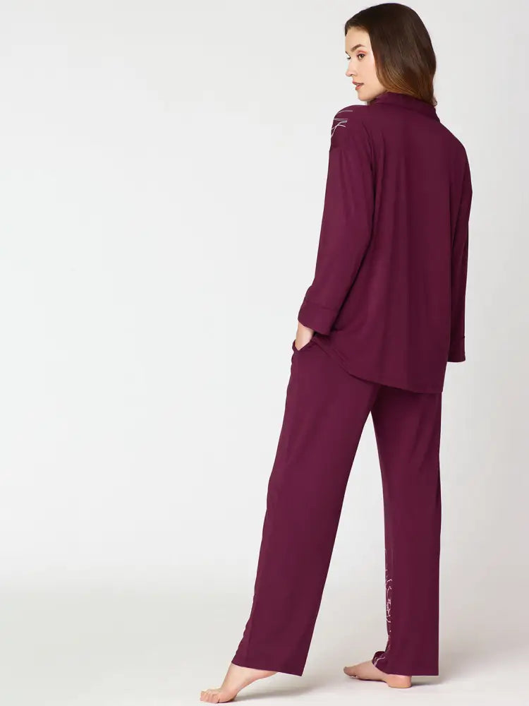 Womens Modal Night Suit Wine Floral Printed Shirt & Pajama - Collar Pajama