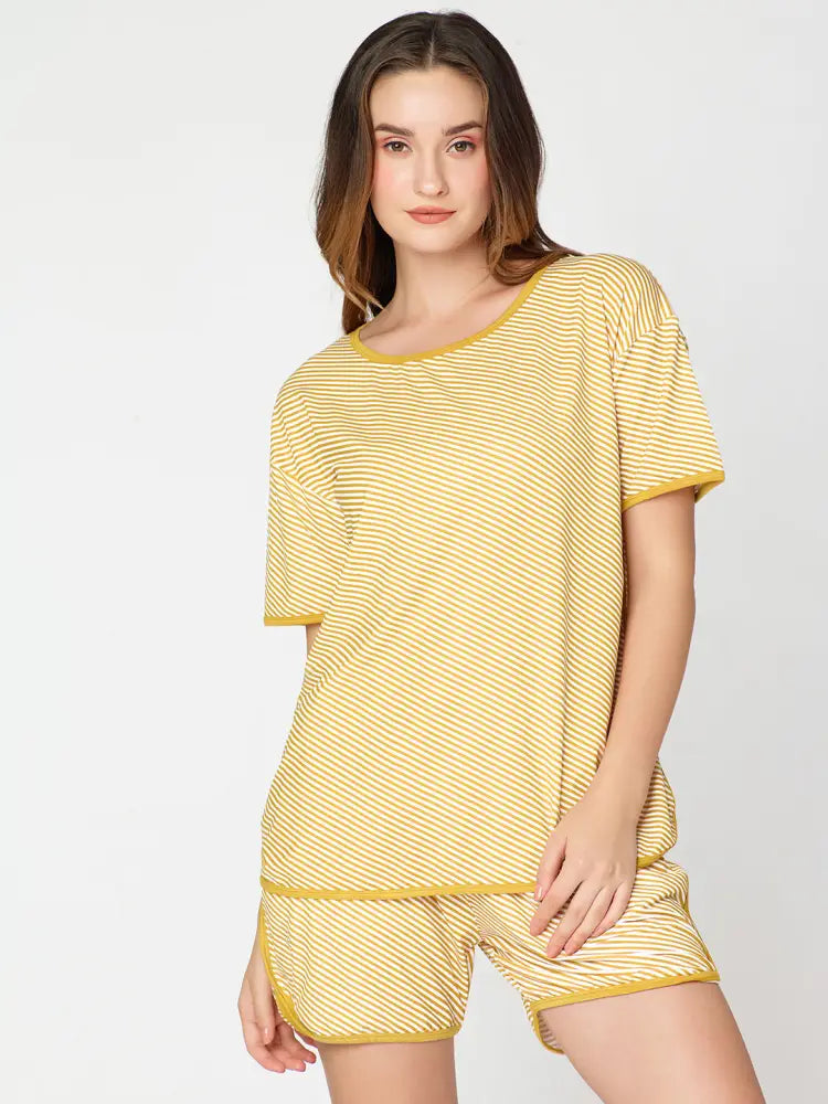 Womens Modal Night Suit Yellow Strip Printed Top & Short - Short Set