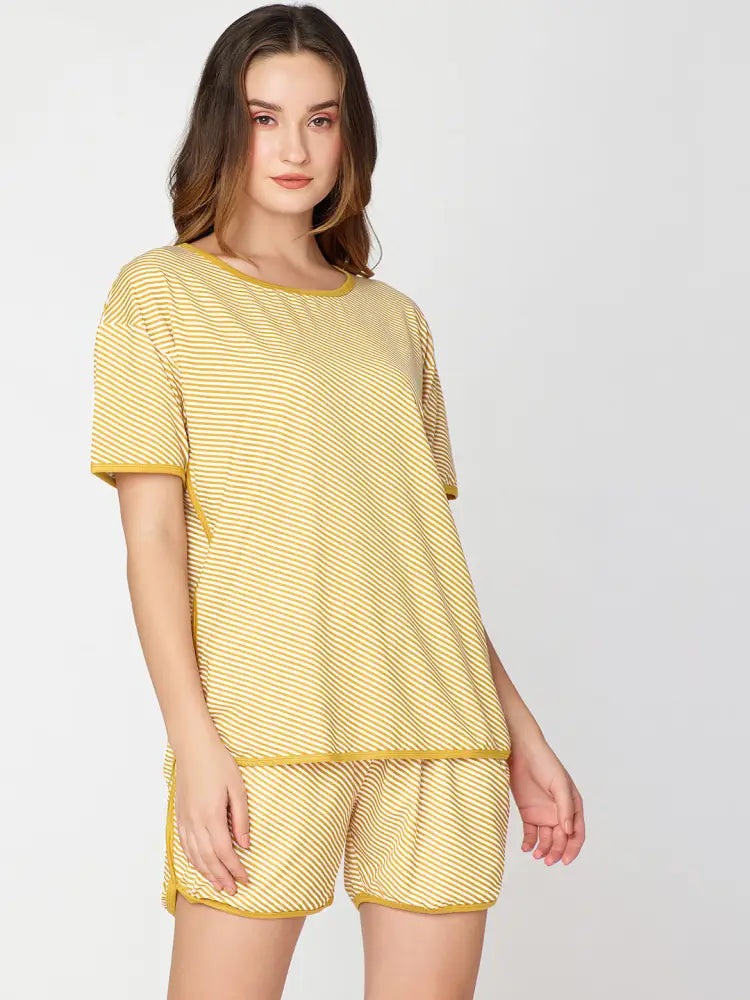 Womens Modal Night Suit Yellow Strip Printed Top & Short - Short Set