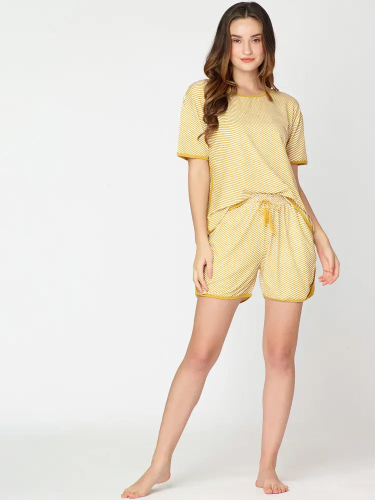 Womens Modal Night Suit Yellow Strip Printed Top & Short - Short Set