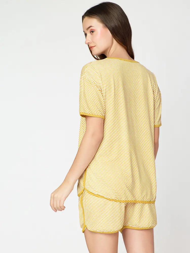 Womens Modal Night Suit Yellow Strip Printed Top & Short - Short Set