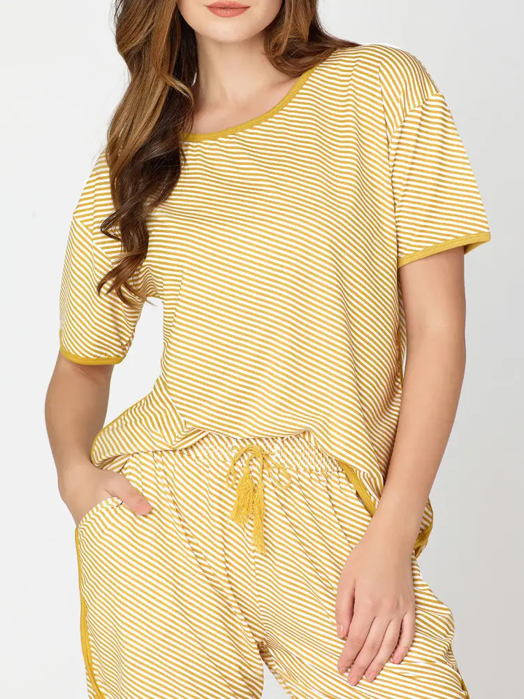 Womens Modal Night Suit Yellow Strip Printed Top & Short - Short Set